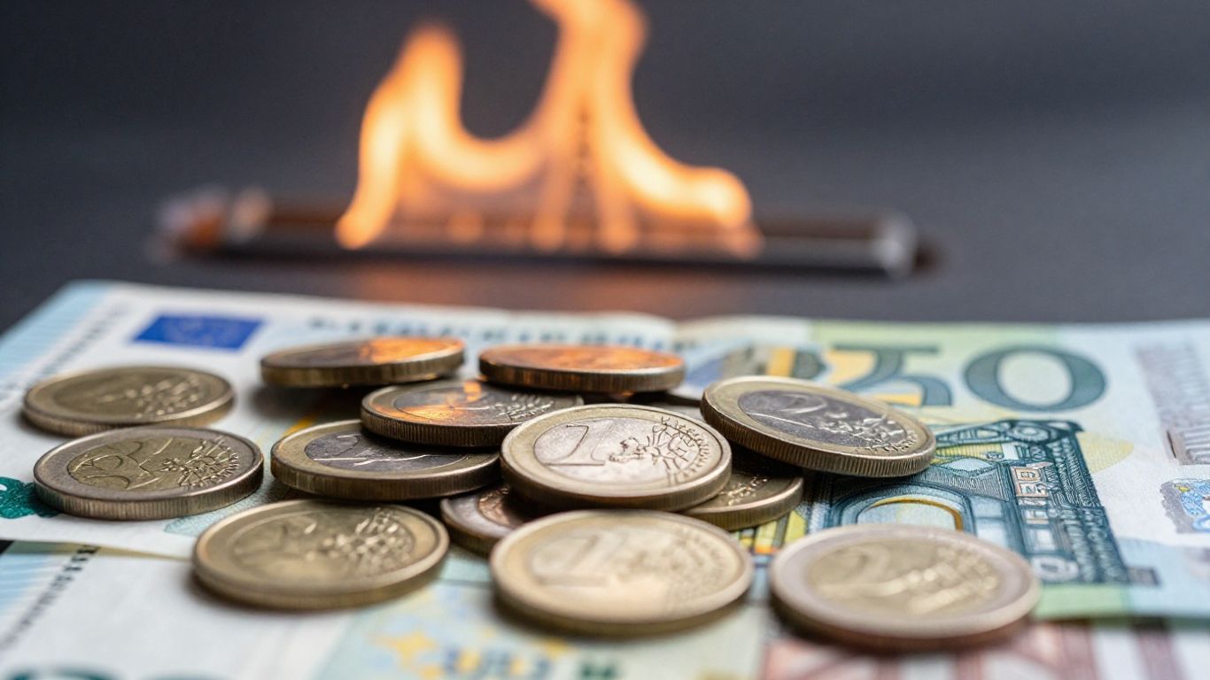 Pièces et billets en euros avec une flamme floue en arrière-plan.