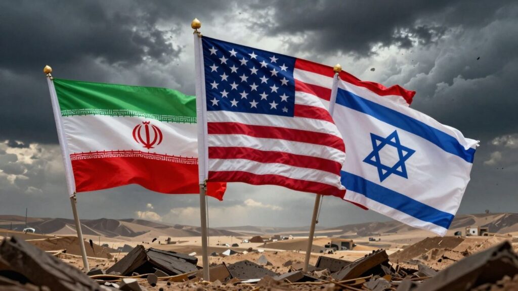 Drapeaux de l'Iran, des États-Unis et d'Israël en conflit.
