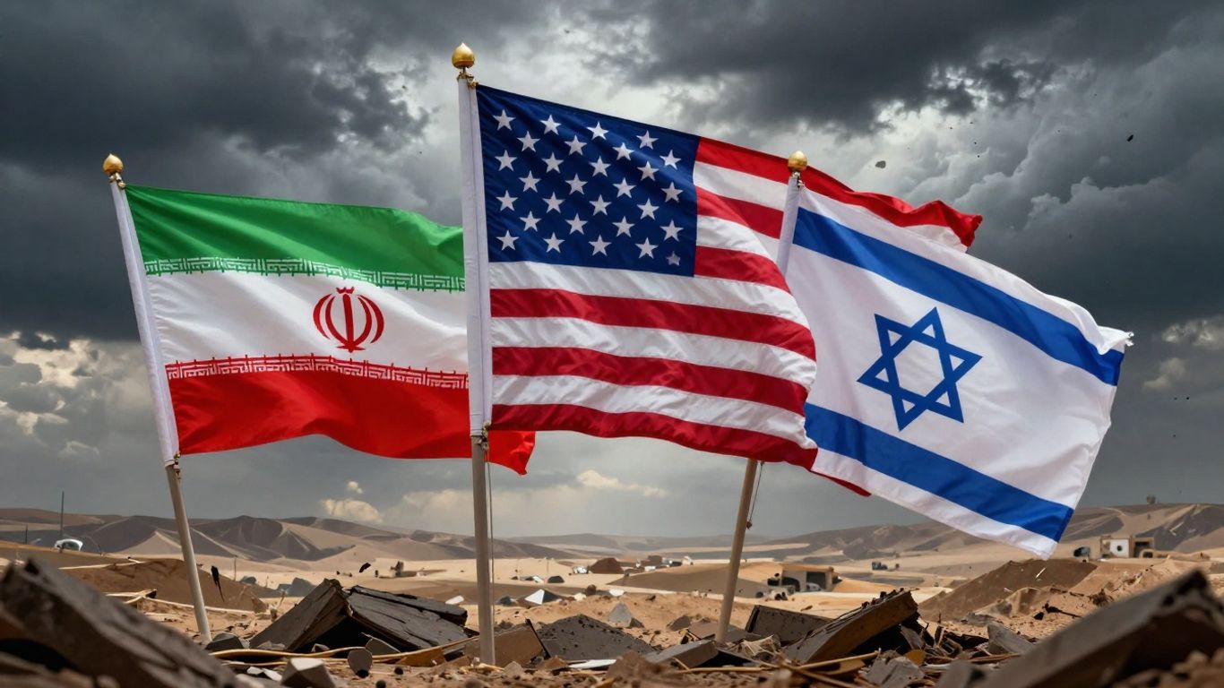 Drapeaux de l'Iran, des États-Unis et d'Israël en conflit.
