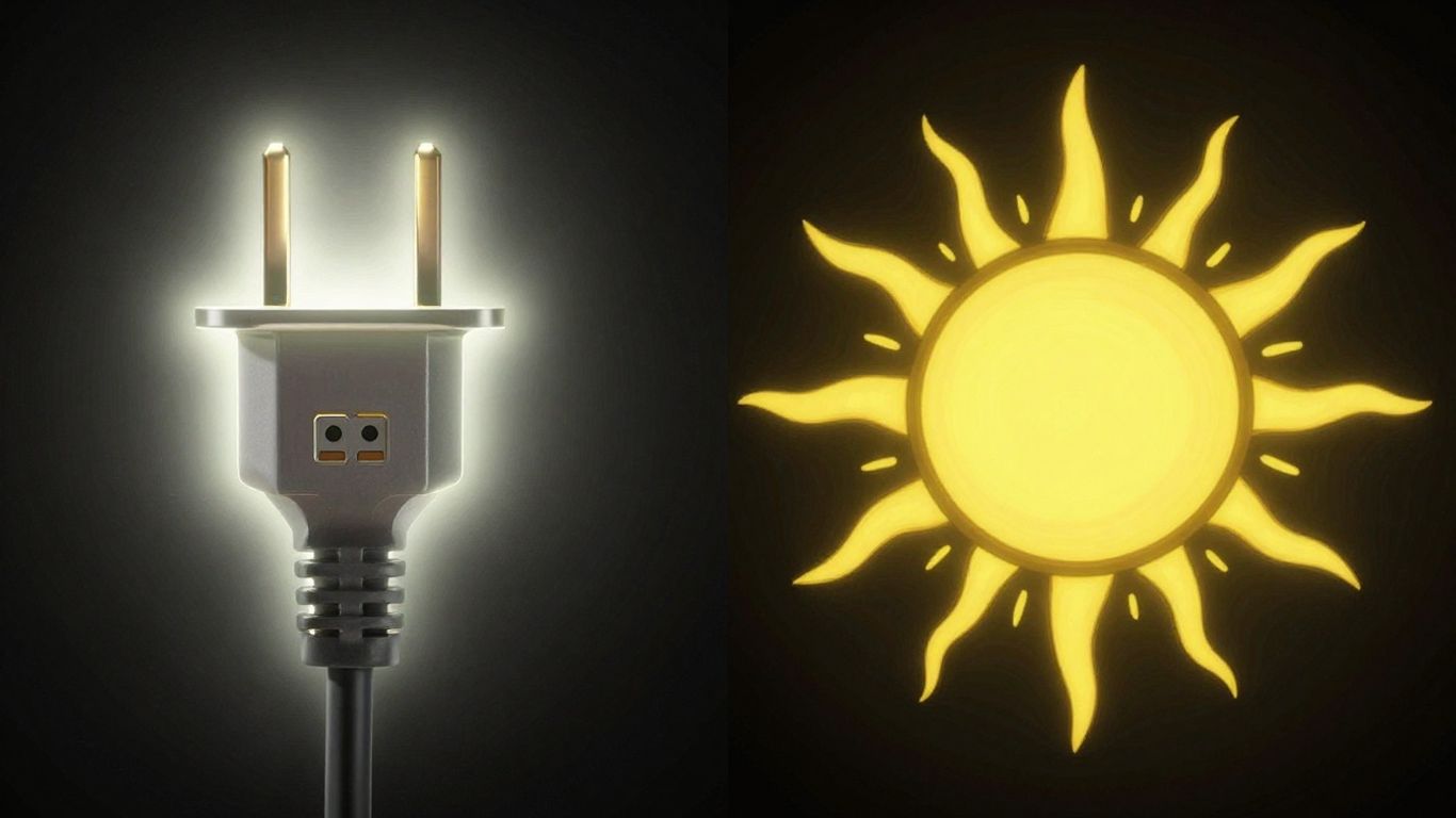 Prise électrique et soleil brillant, symbolisant les heures creuses.