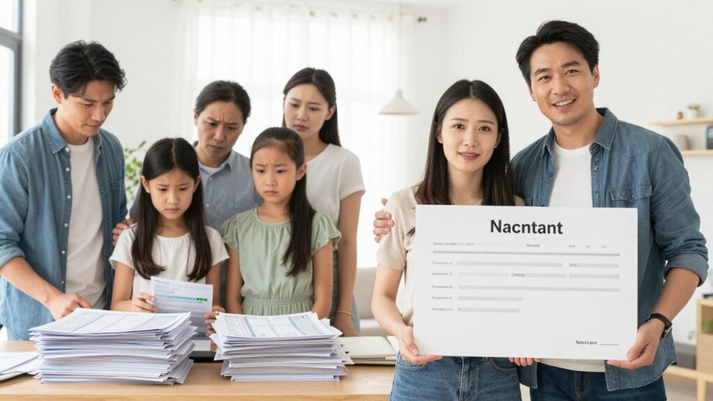 Famille souriante tenant un contrat d'énergie devant une maison moderne.