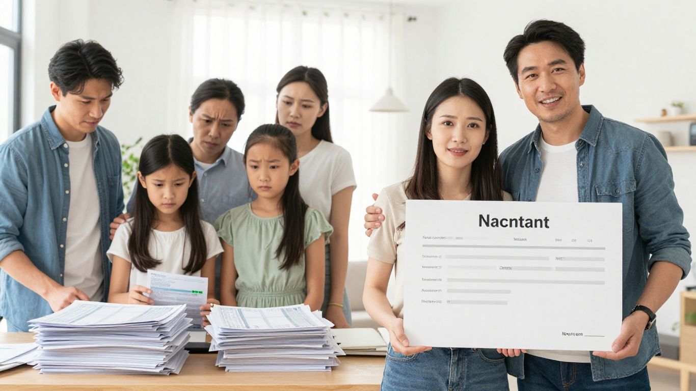 Famille souriante tenant un contrat d'énergie devant une maison moderne.