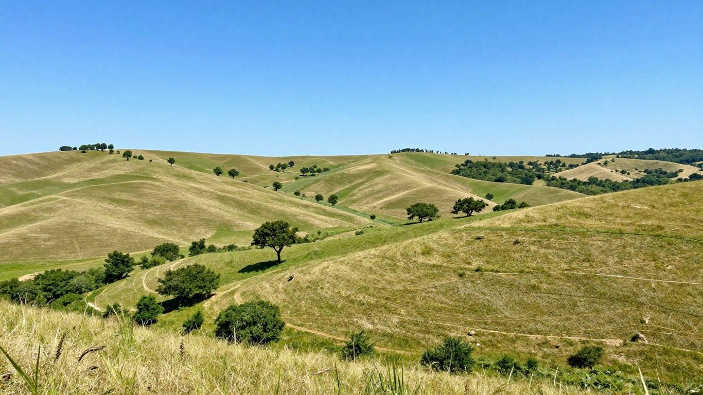 Paysage ensoleillé de collines sous un ciel bleu clair.
