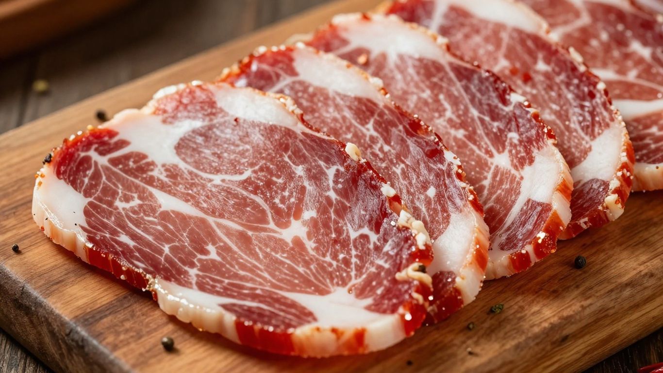 Tranches de Coppa Aoste sur une planche en bois.