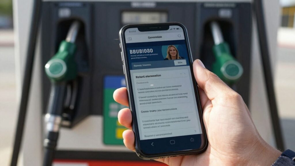 Main d'une personne tenant un smartphone avec un formulaire d'aide au carburant.