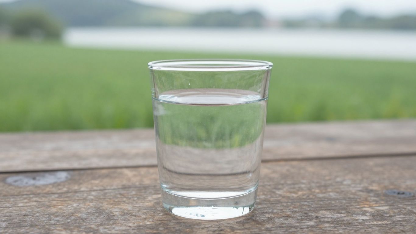 Verre d'eau potable sur table en bois, champ vert en arrière-plan.