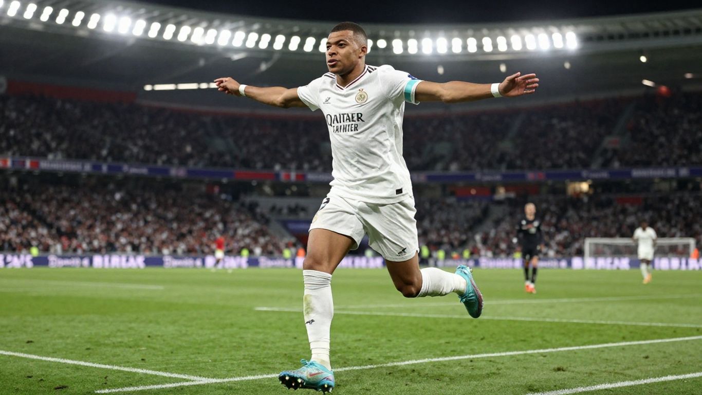 Le joueur [Kylian Mbappé] célèbre une victoire sur le terrain.