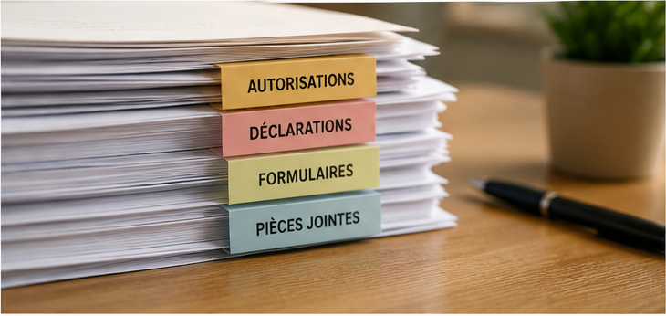 ile de dossiers administratifs classés par autorisations, déclarations, formulaires et pièces jointes
