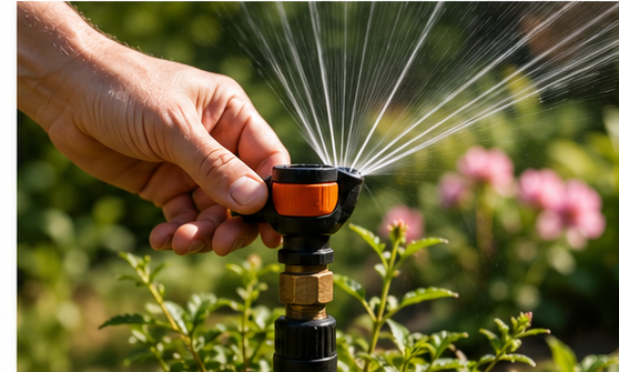 Main réglant un arroseur automatique pour réduire la consommation d’eau dans un espace vert public