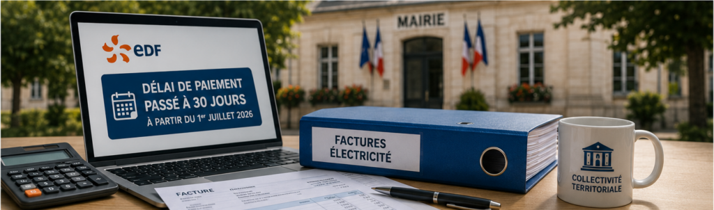 Facture d’électricité indiquant un nouveau délai de paiement de 30 jours devant une mairie