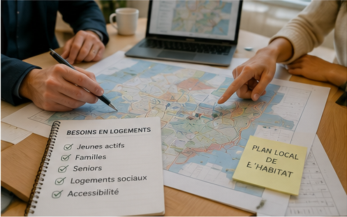 Élus et techniciens étudiant une carte communale et une liste des besoins en logement des habitants