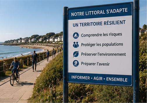 Panneau d’information installé sur le littoral pour sensibiliser les habitants aux risques d’érosion côtière
