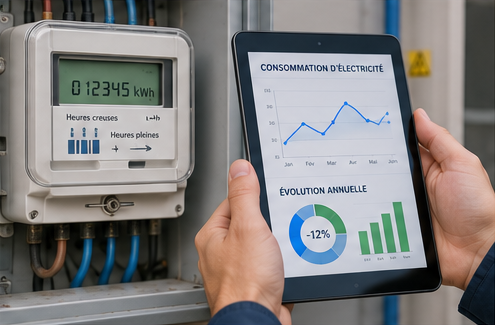 Compteur électrique et tablette affichant l’évolution de la consommation énergétique d’une collectivité
