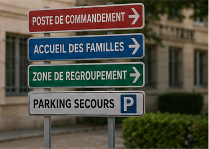 Signalétique indiquant le poste de commandement, l’accueil des familles et la zone de regroupement