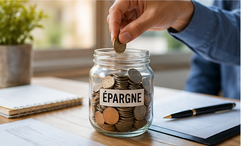 Main déposant une pièce dans un bocal d’épargne pour symboliser la maîtrise des finances locales