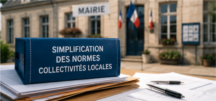 Classeur consacré à la simplification des normes des collectivités locales posé devant une mairie