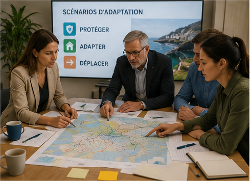 Élus et techniciens réunis autour d’une carte pour préparer une stratégie locale d’adaptation du littoral