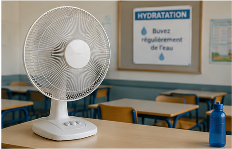 Ventilateur installé dans une salle de classe avec une bouteille d’eau pendant un épisode de forte chaleur
