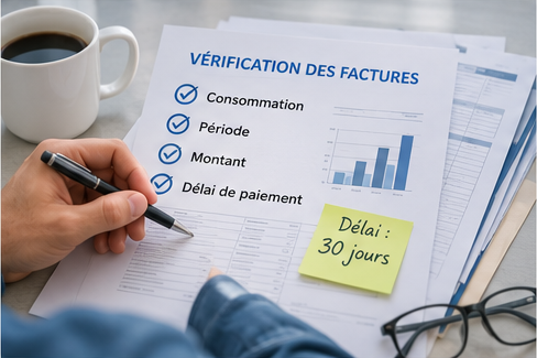 Agent municipal contrôlant une facture d’électricité avant son paiement