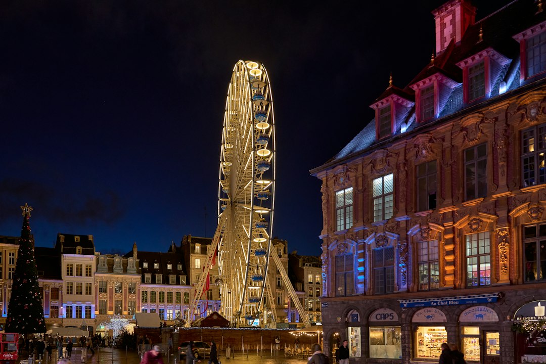 Grande roue illuminée la nuit près du marché de Noël Lille