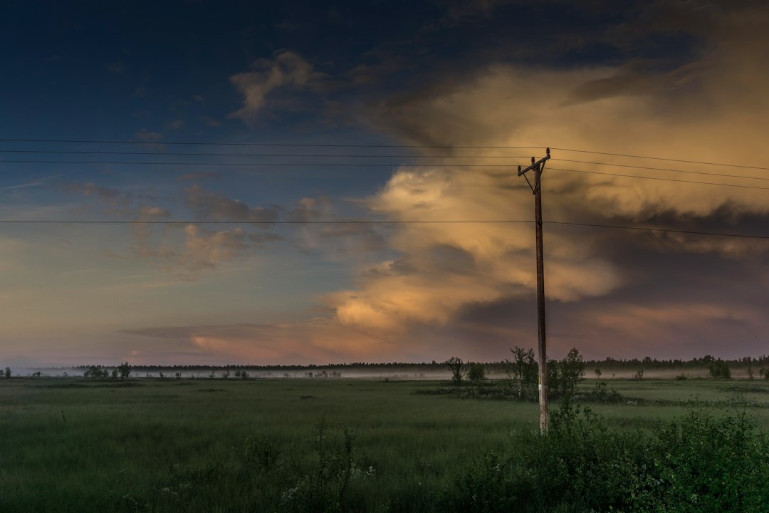 Ligne électrique dans un paysage au petit matin