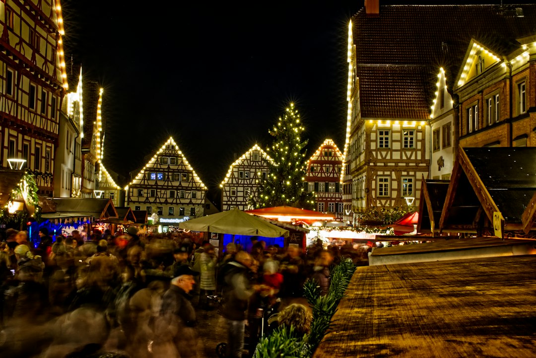 Petites maisons lumineuses sur l'un des marchés de Noël 2026