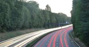 Vacances de la Toussaint 2026 : traînées lumineuses de voitures sur une route bordée d'arbres au crépuscule