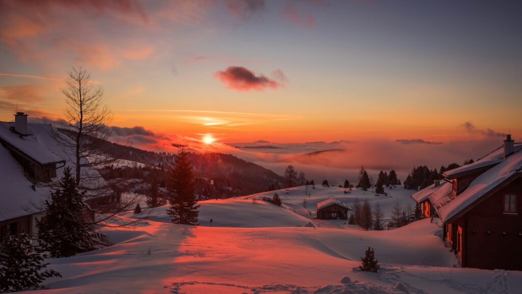 Village de montagne enneigé pendant les vacances d'hiver 2027