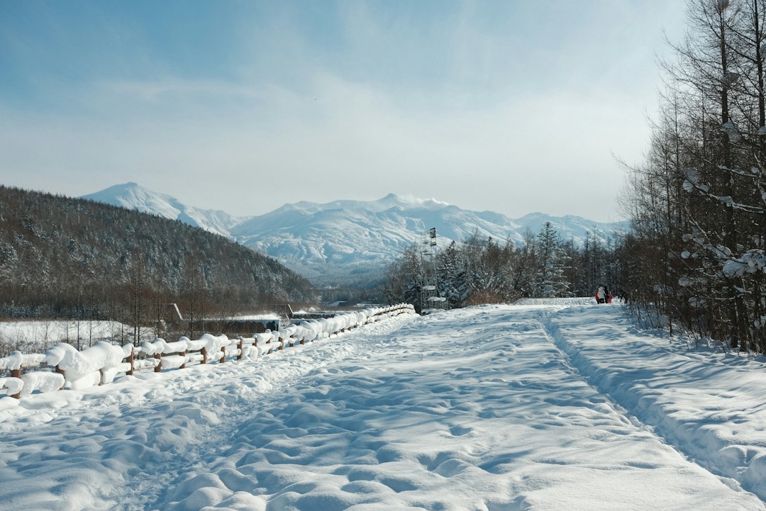 Route couverte de neige avec montagnes en arrière-plan